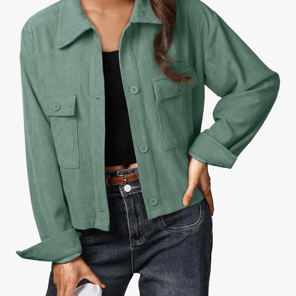 Women's Green Corduroy Cropped Shacket